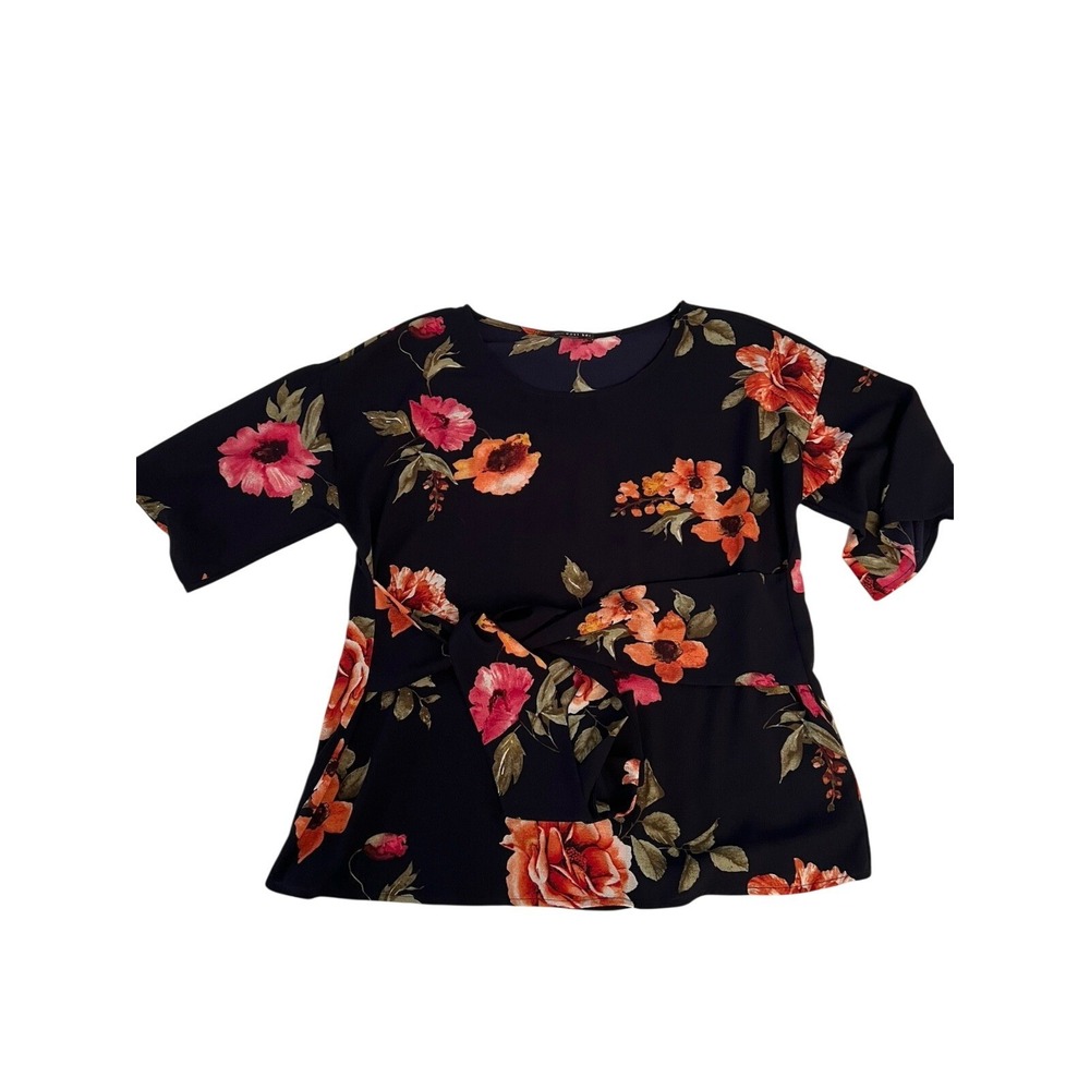 West Kei Womens Black Floral Tie Waist Blouse Elbow Sleeve Rose Print Top Size M